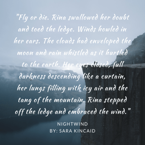 Fly or die. Rina swallowed her doubt and toed the ledge. Winds howled in her ears. The clouds had enveloped the moon and rain whistled as it hurtled to the earth. Her eyes closed, full darkness descending like a curtain, her lungs filling with icy air and the tang of the mountain. Rina stepped off the ledge and embraced te wind.